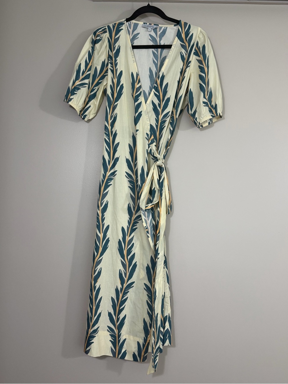 DIARRABLU - Wrap Midi Dress in Cream with Teal Leaf Print, sz S